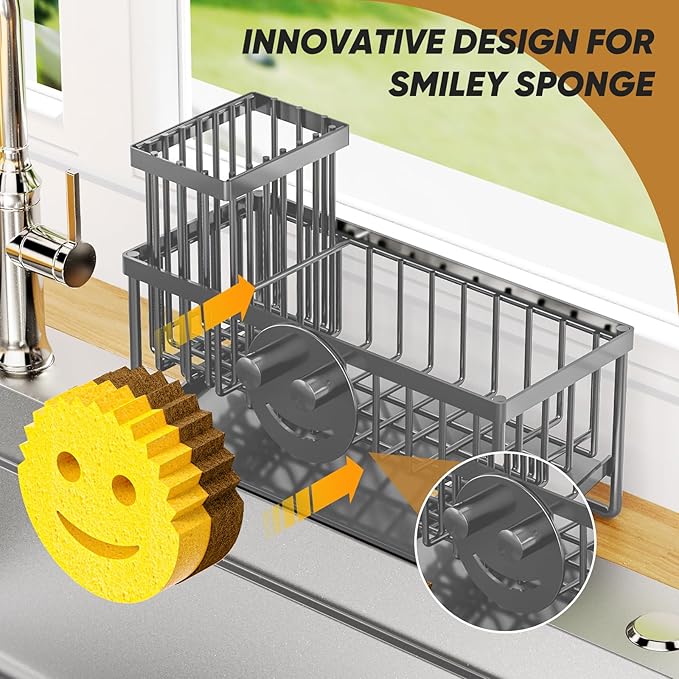 Sponge Holder for Kitchen Sink,Smiley Face Sink Caddy with Removable Brush Holder,Self-Draining Sponge Caddy for Soap,Dish Brush,Scrubber,Kitchen Essentials and Gadgets-Charcoal Gray