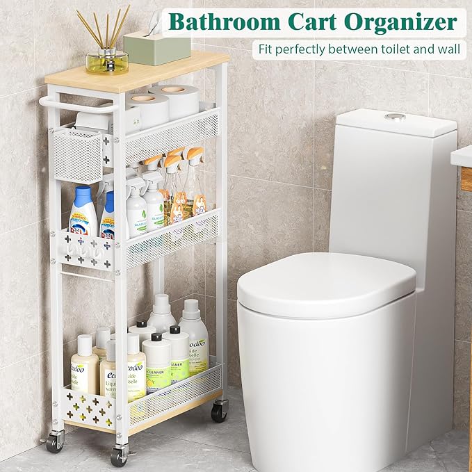 Slim Storage Cart 4 Tier Laundry Cart with Wheels, Narrow Metal Kitchen Rolling Carts Bathroom Organizers Storage Shelf with Wood Rack and Handle for Small Space