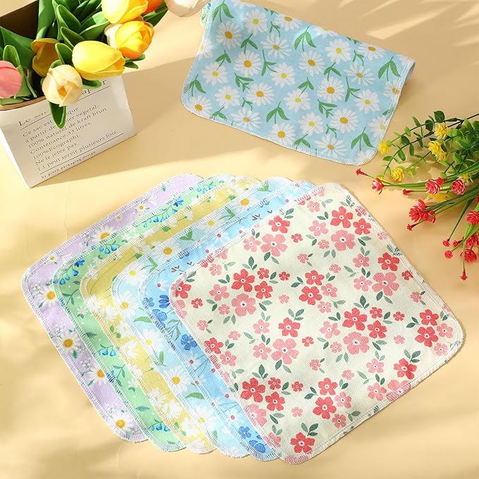 Tiamon 24 Pcs Reusable Paper Towels Roll Daisy Kitchen Towels Floral Absorbent Cotton Cloth Dishtowels Paperless Wildflower Hand Dish Cloths for Home Kitchen Bathroom Cleaning Housewarming Napkins