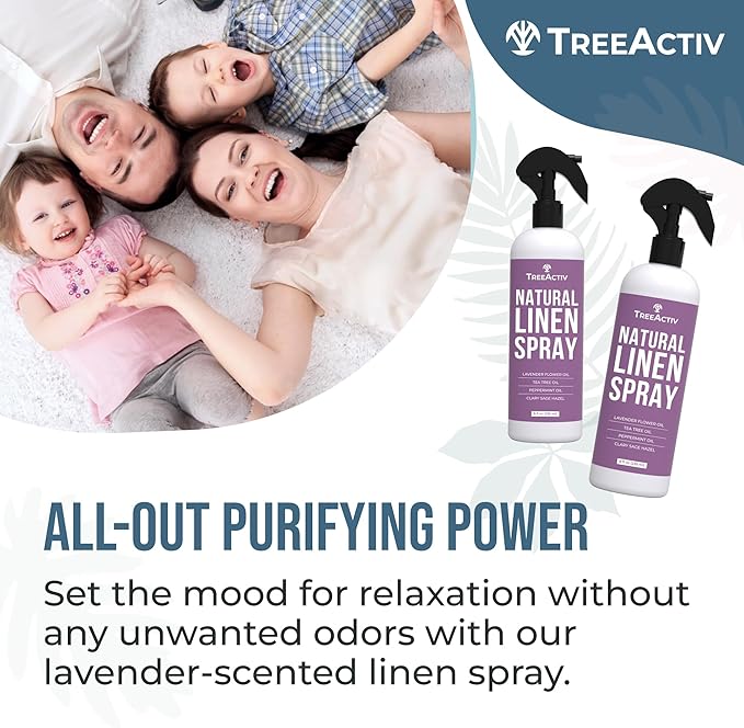 TreeActiv Natural Linen Spray, 8 fl oz, Lavender for Sleep, Beddings, Pillows, and Sheets With Tea Tree, Pillow Mist Freshener, 2000+ Sprays