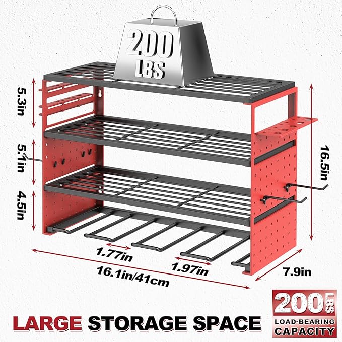 Power Tool Organizer Wall Mount, 4 Layers Tool Storage Rack with 2 Side Red Pegboards, 4 Drill Bit Rack,Heavy Duty Metal Garage Tool Shelf Organize for Workshop Garage Tool Room