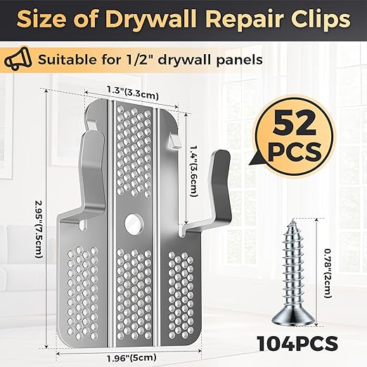 Drywall Repair Clips,Easy Install Drywall Clips 1/2 Inch,Professional Hole Repair Patch Kit for Wall and Sheetrock, Strong Metal Backing Clips with Screws for Home Improvement(Silver-52)