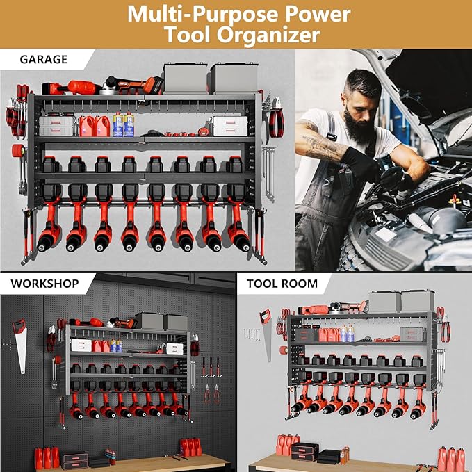 Power Tool Organizer Wall Mount, 4 Layer Heavy Duty Garage organizer Loads 280lbs, Tool Organizers with 8 Drill Hanger, Battery Tools Holder Garage Storage Organization for Workbench, Pegboard, Shed