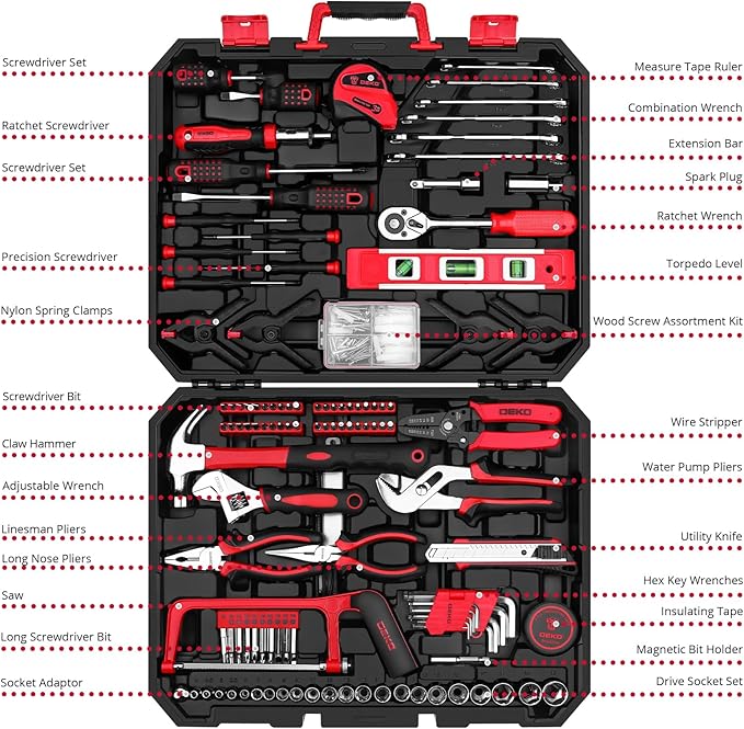 DEKOPRO Tool Set:228 Piece Home Tool Kit, Household Basic Repair Tool Set Comes with Plastic Storage Case, Socket Wrench Set for Car-Red