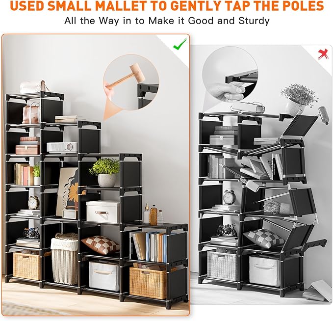 REIBII Book Shelf, 16 Cube Storage Organizers, Tall DIY Book Case for Bedroom, Office, Living Room, Closet, 12" D x 47.24" W x 70.86" H, Black