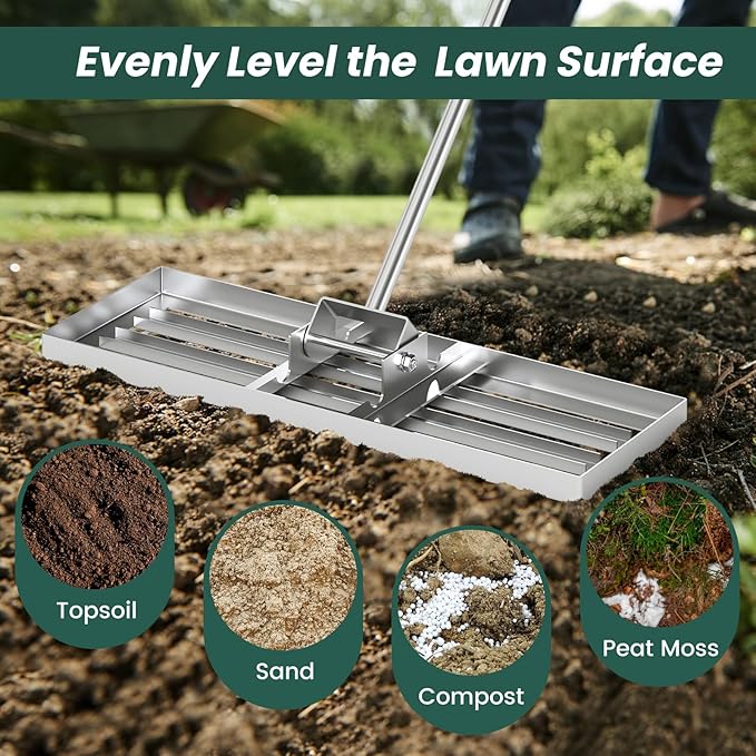 Goplus Lawn Leveling Rake, 30" x 10" Heavy Duty Level Lawn Tool w/ Ergonomic Handle for Soil, Effort-Saving Landscape Rake for Garden, Backyard, Golf Course, Farm, Pasture, Silver