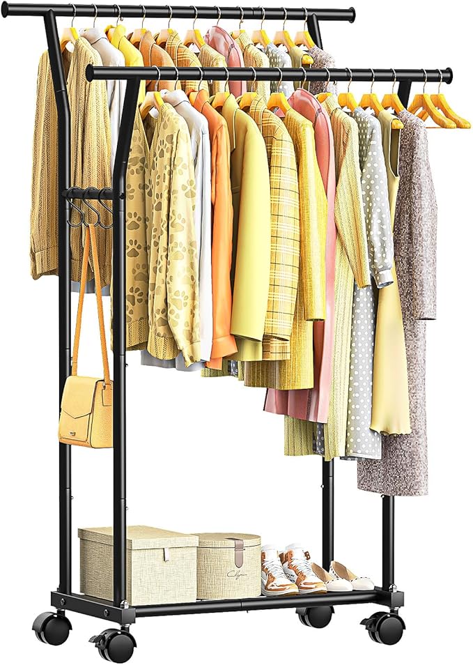 Luxspire Double Rods Clothes Rack for Hanging Clothes, Rolling Clothing Rack with Side Hooks, Bottom Shelves, 360° Wheels, Garment Racks for Bedroom, Laundry, Living Room, Black