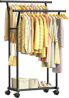 Luxspire Double Rods Clothes Rack for Hanging Clothes, Rolling Clothing Rack with Side Hooks, Bottom Shelves, 360° Wheels, Garment Racks for Bedroom, Laundry, Living Room, Black