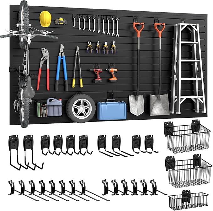 DoCred Slatwall Paneling Organizer, 4x7.5 FT PVC Garage Slat Wall Storage Systems, Heavy Duty Mounted Slat Peg Board for Tool Organization Ladder Bike Includes 27 PCS Hooks Accessories Kit (Black)