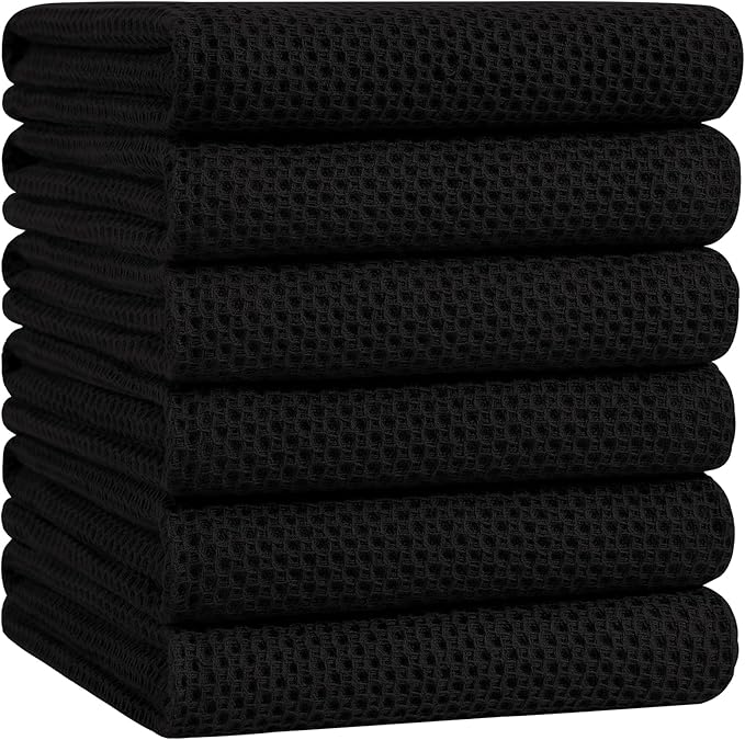 Homaxy 100% Cotton Oversized Waffle Weave Kitchen Dish Towels, Ultra Soft Absorbent Quick Drying Cleaning Towel, 20 x 28 Inches, 6-Pack, Black