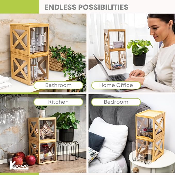 Bamboo Snack & Pantry kitchen Organizer – 2 Pack Bamboo Stackable Storage Drawers – Pull Out Storage for Cookies, Spices, Coffee Pods & K Cups – Clear Acrylic Drawer for Countertop Use