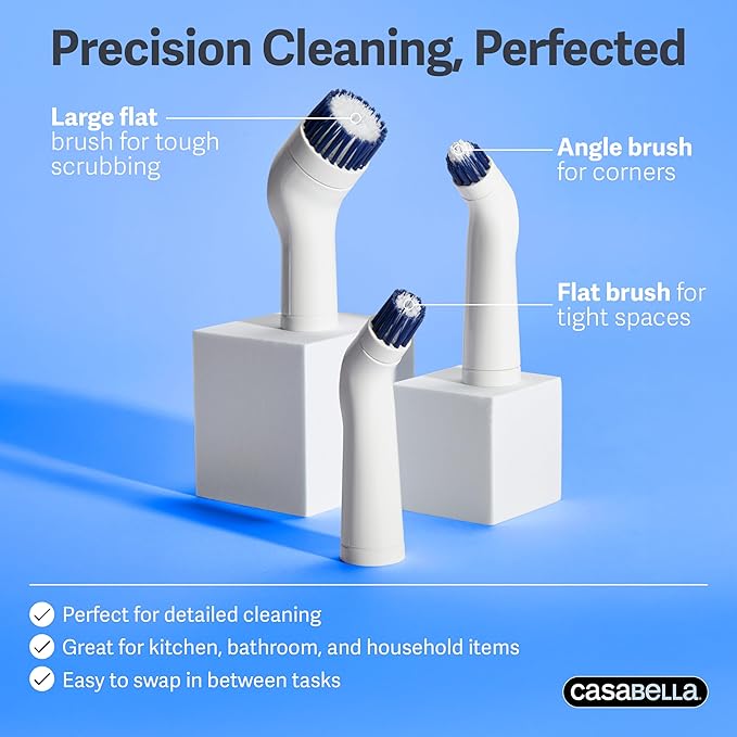 Casabella Power Scrubber Handheld Electric Spin Detail Scrubber for Cordless Cleaning Ergonomic Construction IPX 6 Water Resistance 440RPM Includes 3 Cleaning Heads, 10.4-Inch, White