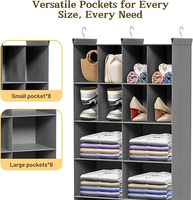 6 Tier Hanging Closet Organizer, 16 Compartments Sweater Organizer for Closet with 3 Sturdy Hooks, Closet Organizers and Storage, Wardrobe, Rv, Garment Rack, Grey