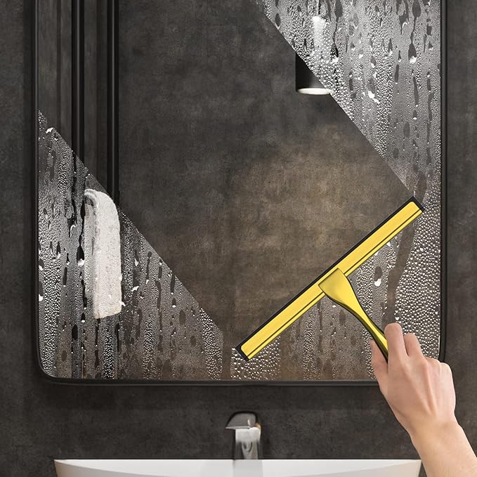 All-Purpose Stainless Steel Shower Squeegee for Shower Glass Door with Adhesive Hook, Bathroom Cleaner Tool Household Window Mirror Squeegee for Glass Doors, Cleaning Tile Wall, Car, 10 inch, Golden