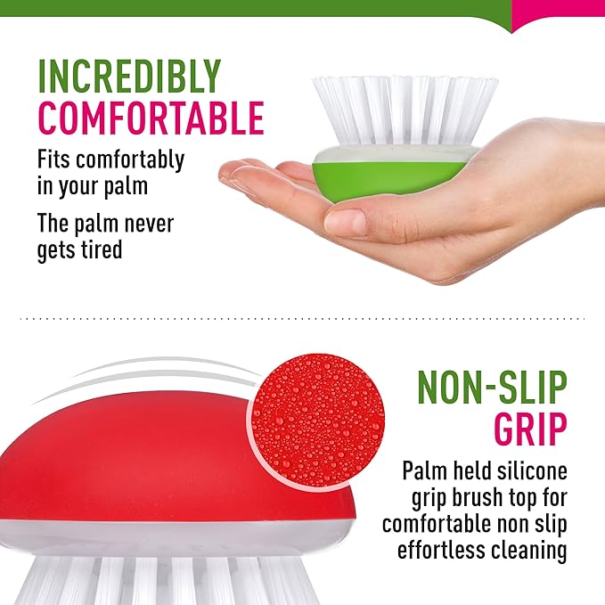 Vegetable Brush Scrubber for Food – 2Pcs Set Fruit and Veggie Brush – Silicone Top and Ultra-Strong Bristles Potato Scrubber – Palm Held Ergonomic Design – Easy to Clean – Red and Green
