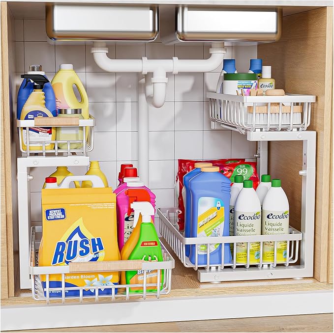 Under Sink Organizer,2 Pack 2 Tier Under Sink Organizers and Storage,Slide Out Pull Out Cabinet Organizer Shelf,Metal Sliding Drawer for Kitchen Bathroom Pantry Cabinet Closet Organization Rack White