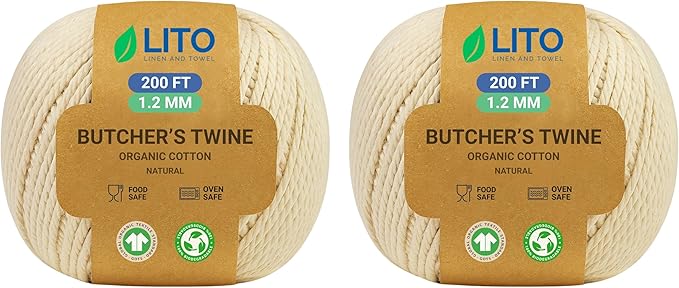 Organic Butcher’s Twine for Cooking & Trussing – 1.2mm Heavy-Duty Natural Cotton Kitchen Twine 400 Feet – Food-Safe, Oven-Safe String for Meat, Turkey, Baking, & Crafts