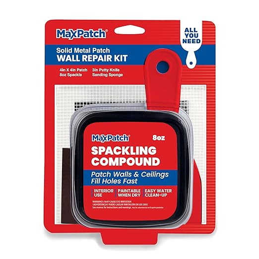 MaxPatch® Drywall Repair Kit - Includes 8 oz Spackling Compound, 4"x 4" Adhesive Metal Patch, Spackling Knife, Sanding Pad - All-in-One Solution for Wall and Ceiling Repairs
