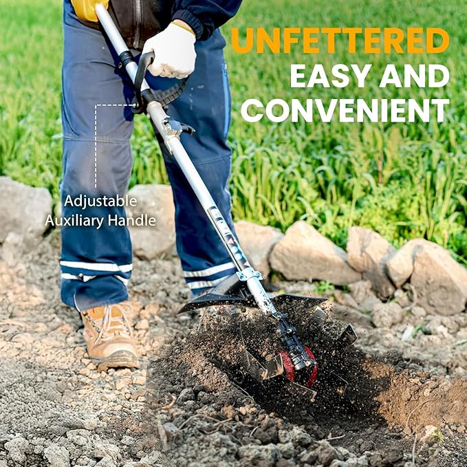 Cordless Tiller Cultivator, 21V 450RPM Electric Tiller with Battery Level Display, 2 * 4.0Ah Batteries & Charger, Tiller for Gardening, Lawn, Soil (Cultivation Width 10"/ Depth 9")