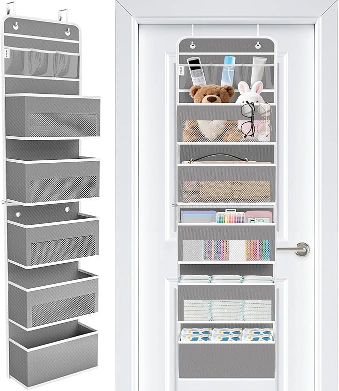 WISELIFE Over The Door Organizer - 6 Shelves Detachable Hanging Bedroom Storage Solution with 5 Large Pockets and 3 PVC Pockets for Dorm Bathroom, Pantry Nursery Baby Essentials (Grey)