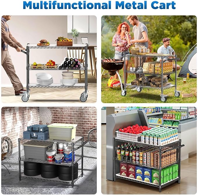 Leteuke 1120LBS Heavy Duty Rolling Utility Cart,3 Tier Rolling Carts with Wheels,NSF Commercial Grade with Handle Bar & Shelf Liners,45"x25"x39" Storage Cart for Kitchen,Restaurant,Plant Display,Black