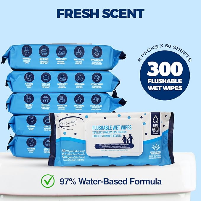 Air Jungles Flushable Wipes 6 Pack, 300 Wipes, Extra Large 7"x7", Gentle Cleansing Adult Wet Wipes, Fresh Scent, Moisturizing with Aloe Vera & Vitamin E