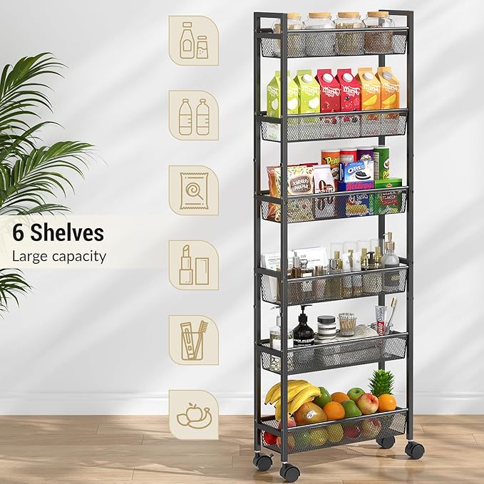 6 Tier Slim Storage Cart, Narrow Cart with Wheels, Metal Mobile Shelving Unit Organizer for Kitchen, Bathroom, Laundry Room, Living Room & Narrow Spaces, Black, 6in(W)