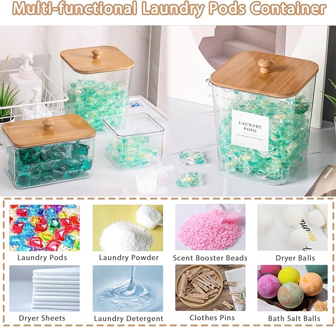 4 Pack Laundry Pods Container,Clear Dryer Sheet Holder & Laundry Room Organization and Storage with Lids, Scoops & Labels for Laundry Detergent, Powder, Dryer Balls, Beads (Clear)