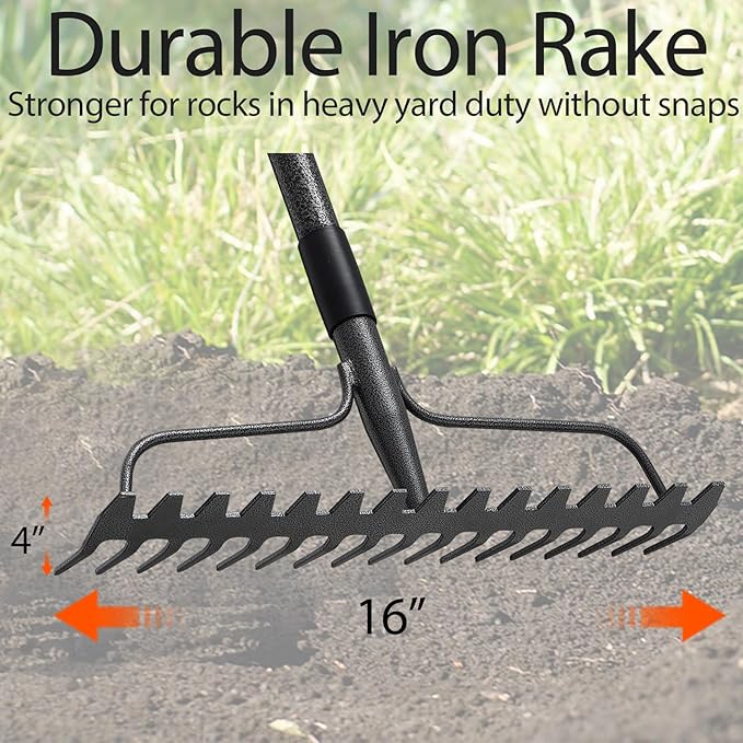 Thatch Rakes for Lawns, Heavy Duty Metal Garden Rake with 17 Prongs, Adjustable Yard Rock Rake for Gardening Loosening Soil, Long Handle 60 Inches