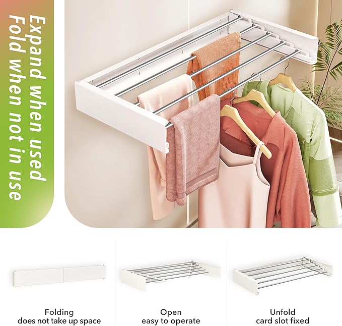 Wall Mounted Clothes Drying Rack 32 inches,Foldbale Laundry Drying Rack Wall Mount,Drying Rack Clothing Space Saver,Retractable,Collapsible,Folding Laundry Rack,White