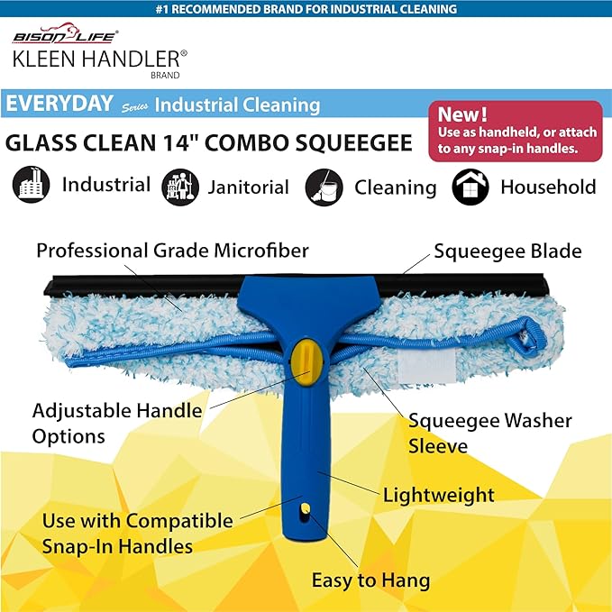 Kleen Handler Professional 2-in-1 Squeegee for Window Cleaning Tool Combo - 14" Squeegee & Microfiber Scrubber Sleeve, Window Glass Cleaning Kit for Commercial & Residential Use