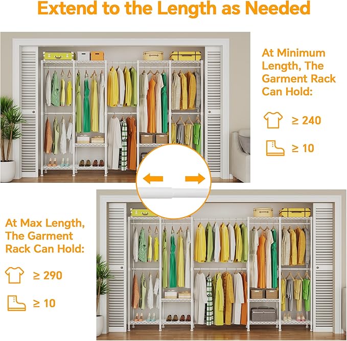 H5 Pro Heavy Duty Clothes Rack Wardrobe Closet for Hanging Clothes, Freestanding Garment Rack with Expandable Hanger Rods, Closet Organizer and Storage, (97.7-115.4")L x 15.7"W x 75.4"H, White