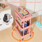 Calmootey 3-Tier Rolling Utility Cart with Drawer,Multifunctional Storage Organizer with Plastic Shelf & Metal Wheel,Storage Cart for Kitchen,Bathroom,Living Room,Office,Pink