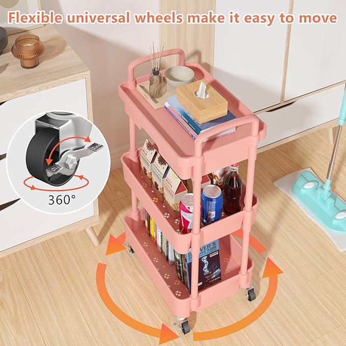 Calmootey 3-Tier Rolling Utility Cart with Drawer,Multifunctional Storage Organizer with Plastic Shelf & Metal Wheel,Storage Cart for Kitchen,Bathroom,Living Room,Office,Pink