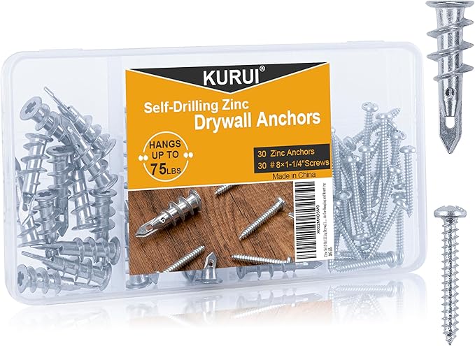 KURUI #8 Zinc Self-Drilling Drywall Anchors, 60PCs Hollow Metal Wall Anchors and Screws Kit, 30 Heavy Duty Anchors + 30#8 x 1-1/4'' Screws, 75LB Hanging and Mounting