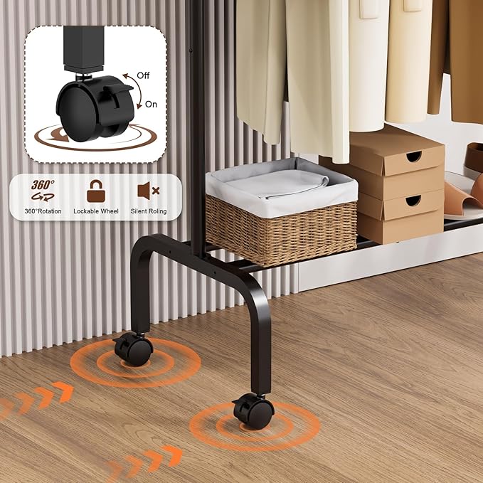 STARLATTA Rolling Clothing Racks for Hanging Clothes, Garment Rack for Clothes to Hang, Metal Portable Wardrobe Rack for Coats, Jackets, Shirts, Dress,Black