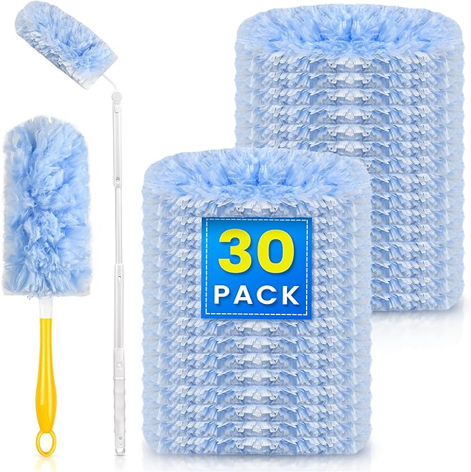 30 Count Heavy Duty Disposable Microfiber Duster Refills - Compatible with Swiffer, 1 Short Handle and 1 Extendable Handle
