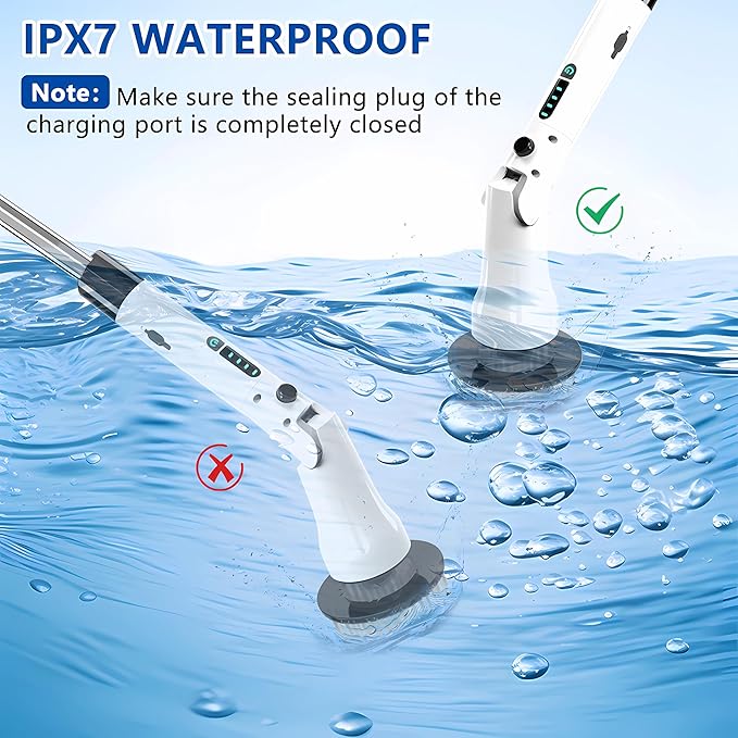 Electric Spin Scrubber, Hillyfe Power Shower Cleaning Brush with 7 Replaceable Brush Heads, IPX7 Waterproof, 2 Speeds (300/400 RPM) Electric Scrubber with Wall Mount Hook for Bathtub, Floor