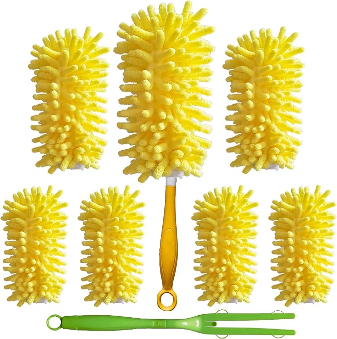 Duster Refill for Swiffer Duster, Reusable Duster Refill Compatible with Swiffer Hand Duster, 360° Heavy Duty Washable Microfiber Dusters for Cleaning, 6 Pack & 1 Handle, Yellow
