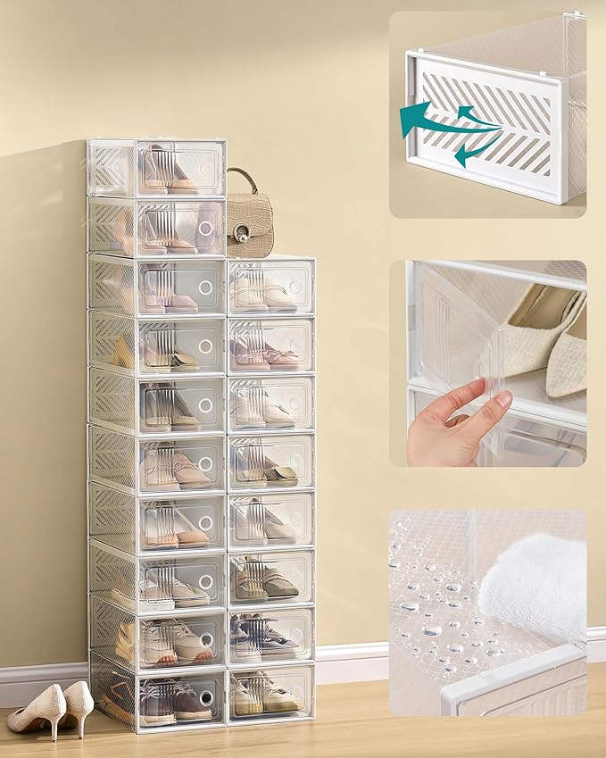 SONGMICS Stackable Shoe Boxes, Foldable Shoe Storage Organizers, Ventilated, for Max. Men's Shoes US Size 9 or Women's Shoes US Size 11, Sneakers, Set of 18, Transparent and White ULSP106W18V2