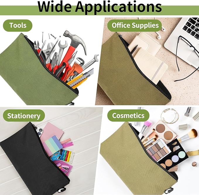 Tool Bag Zipper Pouch, Premium Tool Pouch, Utility Multipurpose Storage Organizer Tool Pouches with Carabiner Metal Zipper for Tools (6 Pack, Tan, Navy Green, Black, Light Brown, Grey, Mocha)
