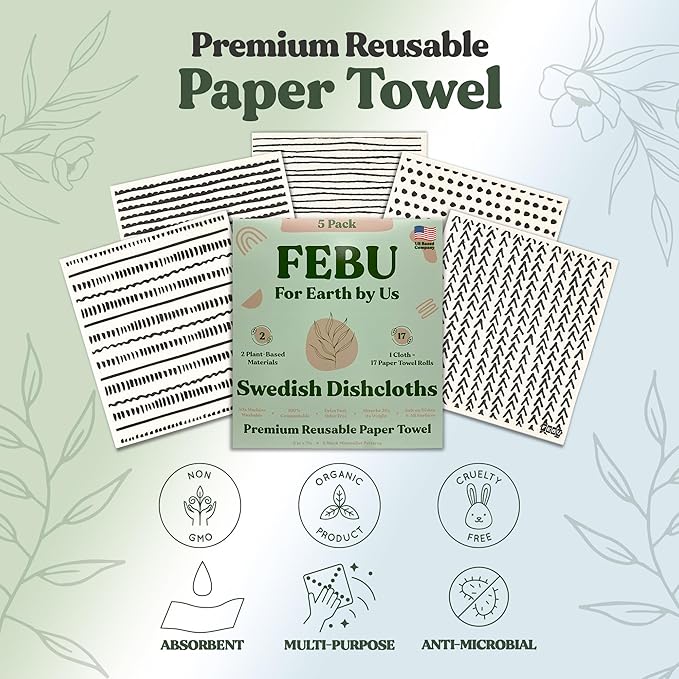 FEBU Swedish Dishcloths for Kitchen | 5 Pack Black Minimalist Reusable Paper Towels Washable | Swedish Dish Towels | Non-Scratch Cellulose Sponge Cloths | No Odor, Biodegradable Cleaning Cloths