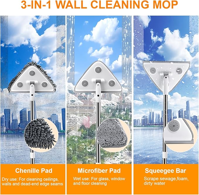 MUEE Window Cleaning kit, 3 in 1 Adjustable Window Washing Squeegee Kit with Extension Pole, Squeegee Window Cleaner Tool with 6 Replacement Pads, Wall Washer Cleaning Tool for Walls/Glass/Window