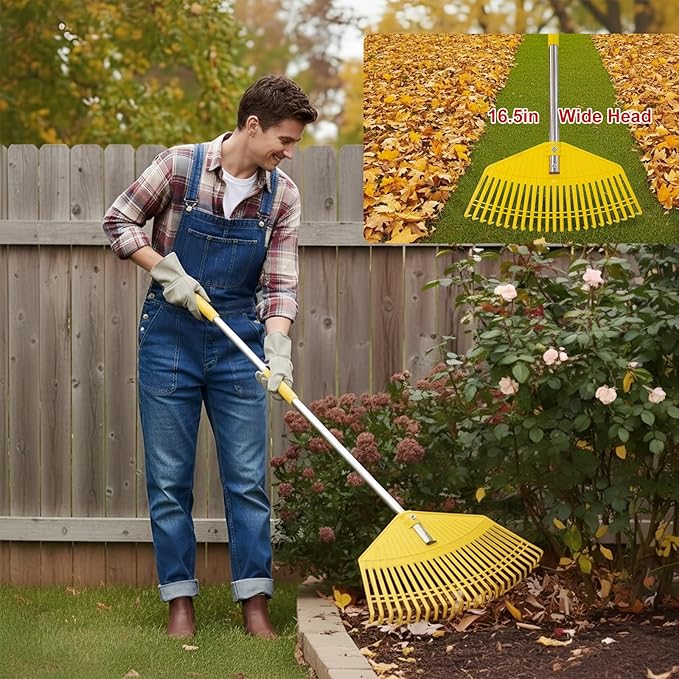 Plastic Leaf Rake - Lightweight Lawn & Garden Rake for Women, Seniors & Kids,16.5" Wide Yard Rake for Leaves, Grass & Pine Needles, Adjustable Handle 35–65"