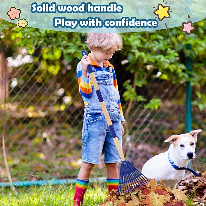 Kids Leaf Rake - 3-Section Adjustable Handle, Lightweight, Wood & Plastic, Small Garden Tool for Children (Blue)