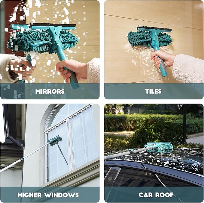 30 Feet High Reach Window Squeegee with 6-24 Ft Extension Pole, Window Cleaner Tool with 5-Stage Telescoping Pole, Window Cleaning Kit with Rotatable Head (2 Squeegee & 2 Microfibre Cloths)