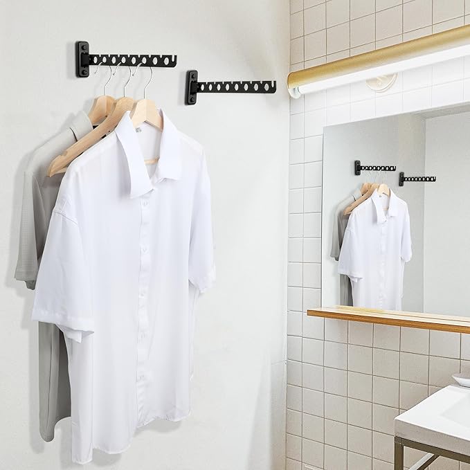 Alise Folding Clothes Hanger Rack,Wall Mounted Clothes Bar-Hanger Holder Hooks Heavy Duty Drying Rack Space Saving Clothing Hanging System Closet Storage Organizer,YHD1008-B Matte Black