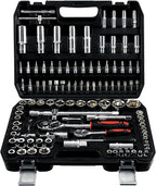 PIRIPARA 108 Piece Mechanics Tool Set Metric And Standard 1/4" & 1/2" Socket Set, Ratchet Set, Universal Joint, Extension Bars, Quick Release Reversible Ratchet Wrench, Plastic Toolbox Storage