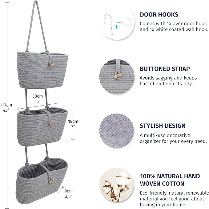 OrganiHaus 3-Tier Hanging Organizer, Gray Cotton Rope Baskets for Wall or Door – Boho Nursery & Home Storage