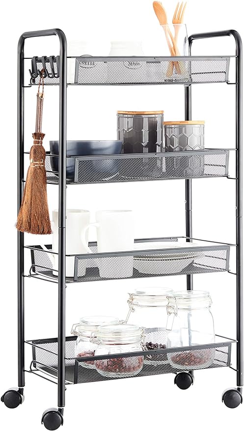 JANE EYRE Rolling Utility Storage Rack Cart on Wheels, Trolley Carft cart, Multi-Purpose Organizer Shelf (Black, 4 Tier)…